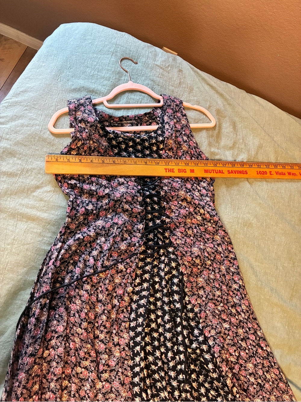 Vintage 90s Calico Print Midi Dress Corset Lace-up Coquette Grunge Whimsigoth - Picture 11 of 13